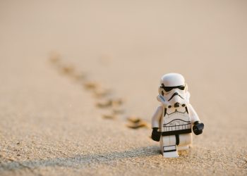 Stormtrooper minifigure walking on the sand